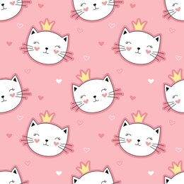 cute princess cats seamless pattern, little kitty. girlish print for textiles, packaging, fabrics, wallpapers.