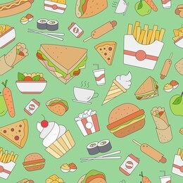 fast foodbackground - vector color seamless pattern of sandwich, burger, hot dog, meat and desserts for graphic design