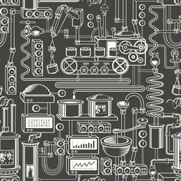 vector seamless pattern on industrial theme with various production equipment, appliances, devices, sensors, mechanisms and pipes in retro style. suitable for wallpaper, wrapping paper, fabric