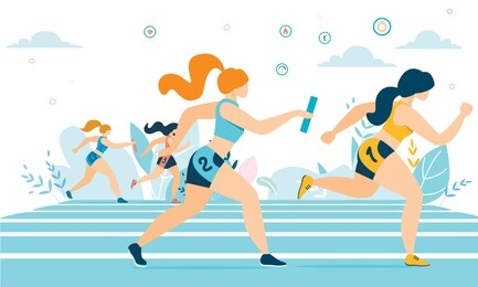 cartoon athlete women characters in sportswear taking part in running race marathon on track. jogging sports competition. outdoor workout, exercise. healthy active lifestyle. vector flat illustration
