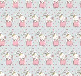 seamless pattern with cute rabbit in vector. Сartoon little happy bunny girl. vintage hand drawn. kawaii funny animal. children's holiday background. illustration in pastel delicate colors. doodle