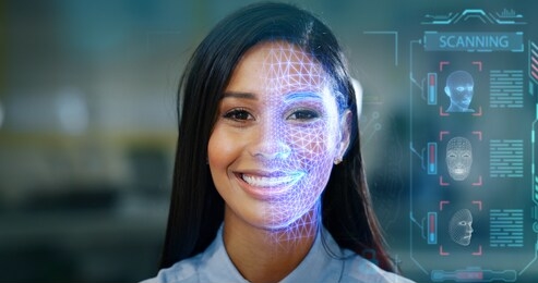 futuristic and technological scanning of the face of a beautiful woman for facial recognition and scanning to ensure personal safety. 