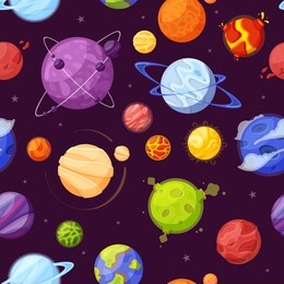 planets in outer space cartoon flat seamless pattern. astronomy, universe exploration, planetary, solar system backdrop design. space bodies on purple background vector illustration