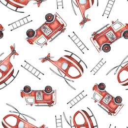 watercolor cartoon cute seamless pattern firefighting and fire safety equipment illustration. fire truck, helicopter, dog, helmet, hose, column, fire extinguisher. baby shower red colorful clip art