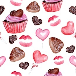 heart shaped desserts. hand-drawn, watercolor cute kiss prints, chocolate candies, lollipop illustration for typography design. seamless pattern. valentine’s day cards, wrapping paper, gift paper. 