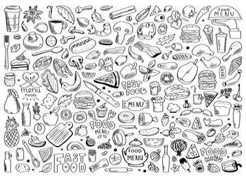 hand drawn set of healthy food ingredient doodles with lettering in