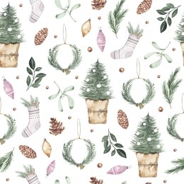 watercolor winter seamless pattern with christmas tree, wreath cone xmas toys sock isolated on white background. xmas new year holiday illustration for fabric textile