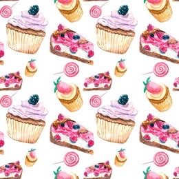watercolor illustration. seamless pattern with cakes and cupcakes. sweet design for background, textile, print, etc.