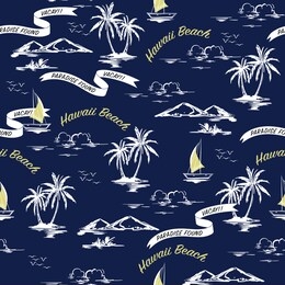 monotone blue summer beautiful seamless island pattern contrast with retro yellow text. landscape with palm trees, beach , hibiscus flower,mountain and ocean vector hand drawn style on dark blue