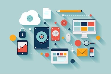 flat design vector illustration concept of computer and connected mobile devices with links of transmission information on various data storage and cloud computing service on stylish background. 