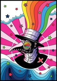 colorful plague of love psychedelic art poster style, plague doctor mask, color decorative background