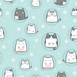 seamless pattern kawaii cute cats, cartoon animals background, vector illustration