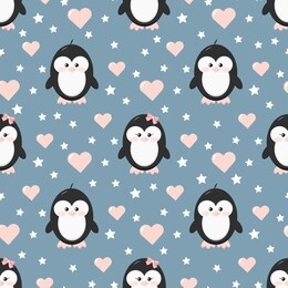penguin couple boy and girl baby in love seamless pattern with pink hearts, stars on blue background. romantic style endless texture. sample children design cartoon background for valentine's day.
