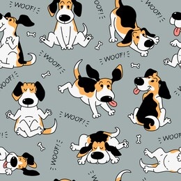 seamless pattern with funny beagle active dog vector illustration in cartoon sketch style. cute little puppy pet animal character for textile prints and wrapping.