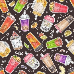bubble tea seamless pattern - hand drawn sweet drinks with different boba bubbles and toppings. colorful beverage set with fruit and ice, vector illustration.