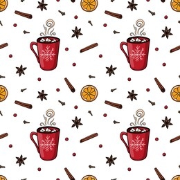seamless christmas pattern with mug with hot drink, marshmallow, badian, cinnamon, cloves, orange. endless texture for fabric, scrapbook or wrapping paper. new year vector pattern on white background.