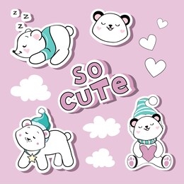 fashion patch badges with polar bears kawaii style and hearts collection on a pink background