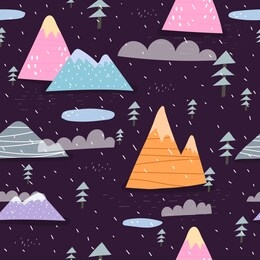 seamless simple pattern with cartoon mountains, christmas trees, lakes, clouds, decor elements. vector. flat hand drawing. design for fabric, print, gift wrapper.