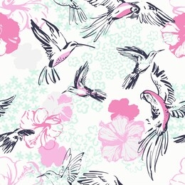 flying exotic birds and hibiscus flowers seamless pattern. line art sketch of parrots, hummingbirds, botanical florals. art background for textile, fabric, wallpaper etc. vector, eps 10