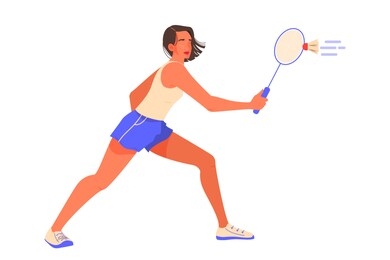 young female athlete play badminton. vector illustration of woman holding a racket, badminton player training. healthy lifestyle concept. isolated vector illustration in cartoon style