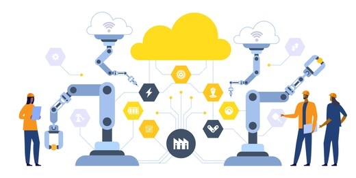 smart industry 4.0 vector illustration. internet of things technology. efficient smart factory with workers and robots. user connecting with a tablet and sharing data with a cyber-physical system.