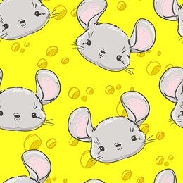 cute mouse sketch on a background of cheese. seamless yellow background pattern. rat sketch. vector. symbol 2020 new year chinese calendar.