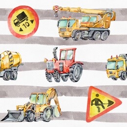 watercolor seamless pattern with colorful little trucks, cars and road signs. watercolor strips grunge background for kids. red tractor, excavator, digger machine, building machines, concrete mixer