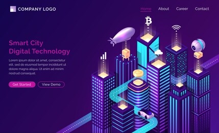 smart city infrastructure, internet of things and wireless network technology, isometric concept vector. tall urban home buildings with symbol wireless, transport isolated on ultraviolet banner