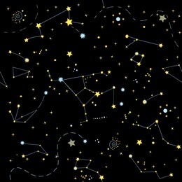 endless texture of  night sky with constellations, zodiacs, stars. seamless pattern of galaxy for your design.
