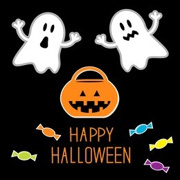 happy halloween set. ghosts, pumpkin, candies. card. vector illustration