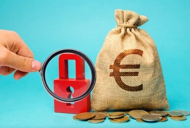 money bag and red lock. financial risks insurance concept. guarantee and saving of cash investments. stability. deposit, loan, mortgage. business and finance. insurance market services. euro
