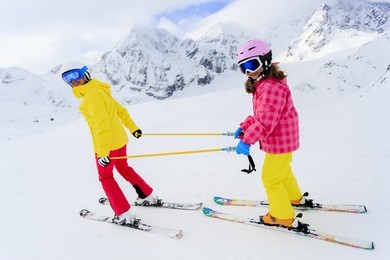 ski, skiers on ski run - child skiing downhill, ski lesson