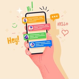 hand holding phone with short messages, icons and emoticons. chatting with friends and sending new messages. colorful speech bubbles boxes on smartphone screen flat design vector illustration.