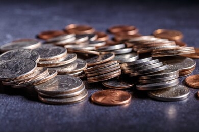 pile of golden coin, silver coin, copper coin, quarters, nickels, dimes, pennies, fifty cent piece and dollar coins. various usa coins, american coins for business, money, financial coins and economy