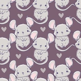 cute gray mouse and heart pattern. print design for nursery, textile, poster. beautiful ornament background. seamless vector illustration. sketch rat.