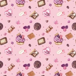 watercolor image of a seamless pattern of sweets, candies in the shape of hearts, chocolates, cakes and envelope, valentine's day. perfect for cards, prints, invitations, birthday cards.