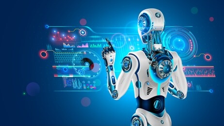 robot with ai stands with back to viewer and works with industrial 3d virtual interface. cyborg rear view taps finger on button holographic touch screen. artificial intelligence looks at monitor.