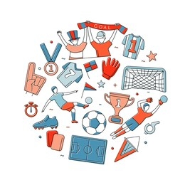soccer football world championship player game match soccer fans thin line outline icons round circle shape background. vector illustration doodles in linear simple style. white, blue, red colours
