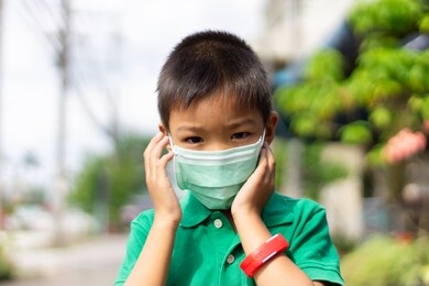 asian child boy wearing a protection mask for prevent coughing and sneezing and his hands close his mouth. healthy concept.