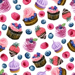 seamless texture of watercolor desserts. bright print with food elements. pattern of decorative hand drawn ornament for wrapping, holiday's design or invitation cards on white background