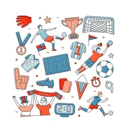 soccer football world championship player game match soccer fans thin line outline icons square shape background. vector illustration doodles in linear simple style. white, blue, red colours