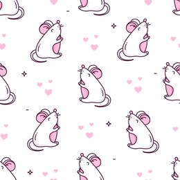 holiday pattern with white mouse and hearts on white background. thin line flat design. ornament for textile and wrapping. vector.