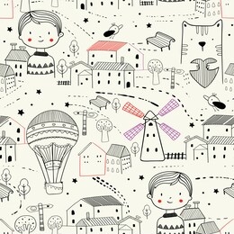 seamless pattern with children houses, cats ,birds, stars, mill, hot air balloons, trees. can be used for t-shirt print, kids wear fashion design, baby shower invitation card.