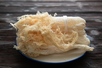 dried tropical stinkhorn mushroom, phallus indusiatus , bamboo mushroom in plate