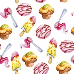 watercolor seamless pattern with different desserts. hand drawn sweets, isolated on white