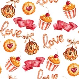 watercolor seamless fair or festive pattern with love word shaped balloons, red ribbons, caramel apples, pies and cherry cupcakes. hand drawn party stuff, isolated on white