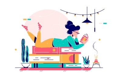 cute lady lying on stack of books vector illustration. woman in glasses wearing home clothes and reading interesting story flat style concept. bookworm hobby concept