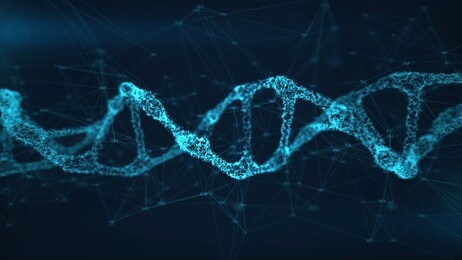 abstract dna double helix with depth of field. building hi-tech dna structure from points and lines with data around. scientific biotechnological glowing background. 3d render illustration