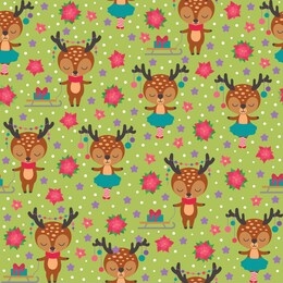 chrismas seamless pattern with deers. cute kawaii style. boy and girl reindeer wear clothes. santa claus little helpers. poinsettia flower motif. stars and snow. kids vector background. merry xmas.