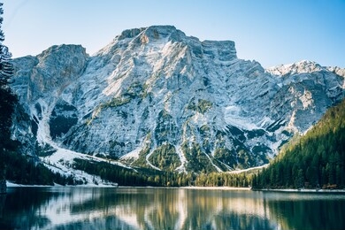 braies lake in dolomites mountains, sudtirol, italy. lake braies is also known as lago di braies